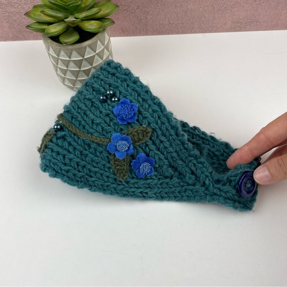 Blue Green Teal Crochet Floral Bohemian Boho Head Scarf Wrap - Picture 5 of 5